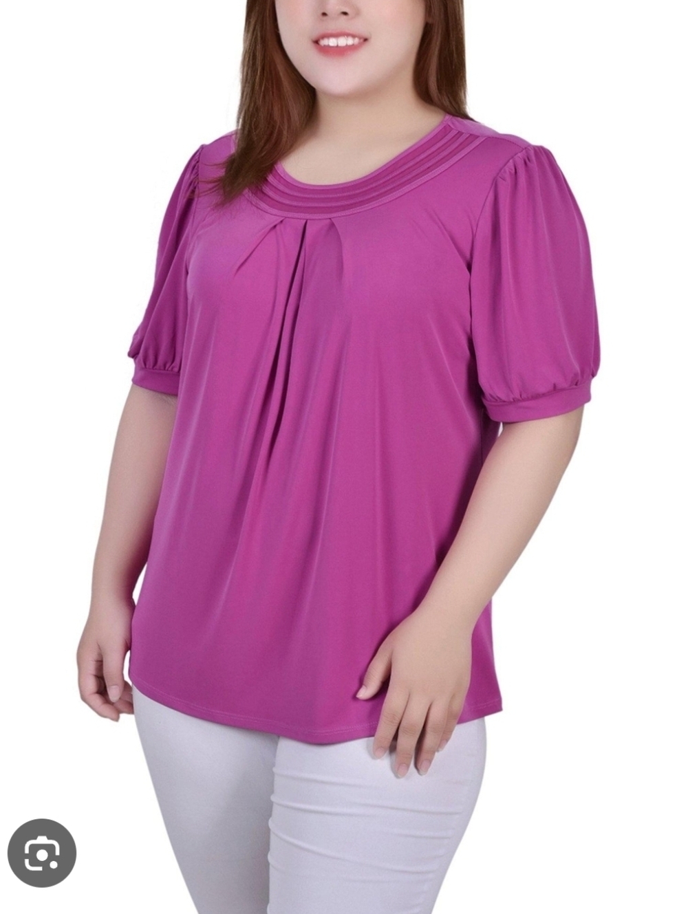 NY Collection Short Puff Sleeve Sheer Inset Blouse Pink Top